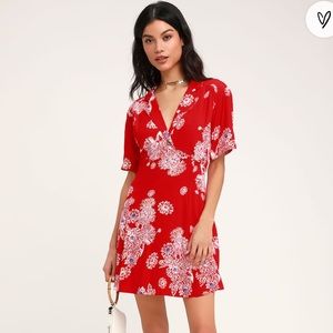 Free people Red floral print short sleeve mini dress medium